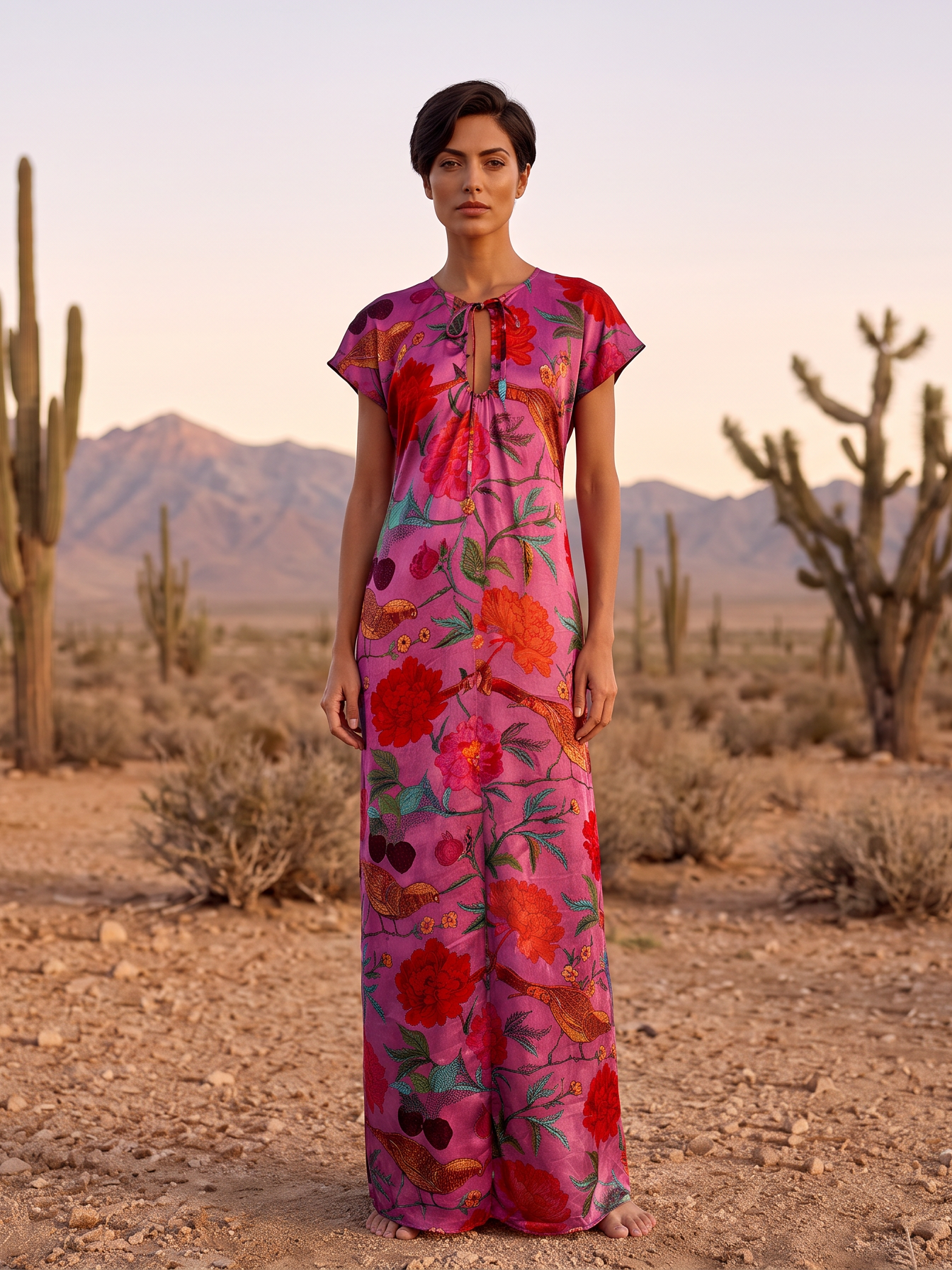 Hue Theory_KIMI DRESS SILK STATIN STRETCH  BIRD PARADISE PINK